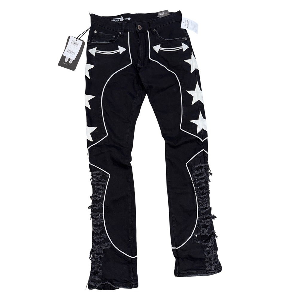 Copper Rivet Country Western Unisex Black White Stars Jeans Distressed 30x35 NWT